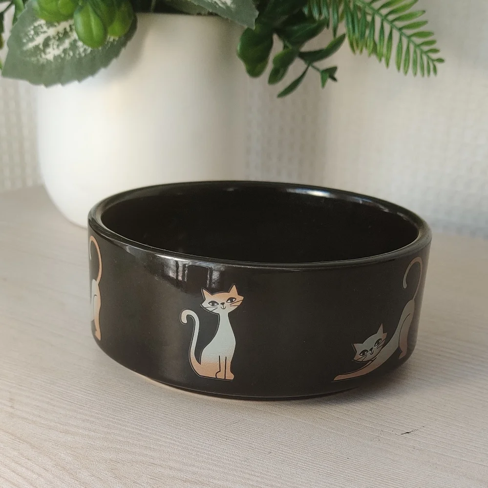 Black Glossy Ceramic Cat Bowl with Cats Printed Around the Outside